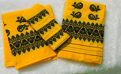 Chandrixaa Woven Mekhela Chador Pure Cotton Saree(Yellow)