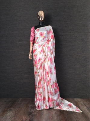 AVANSHEE Floral Print, Digital Print Bollywood Satin Saree(White, Pink)