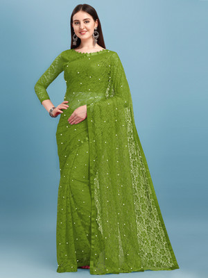 LOROFY Self Design Lucknow Chikankari Net Saree(Green)