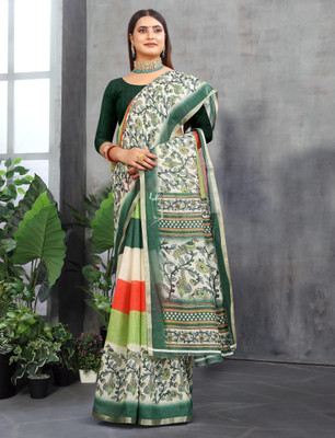 HangerStories Printed Kanjivaram Pure Cotton, Cotton Linen Saree(Green)