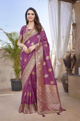 sareya veela Woven, Embellished Banarasi Silk Blend, Jacquard Saree(Purple)