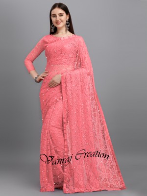 VANRAJ CREATION Embellished Bollywood Net, Brasso Saree(Pink)