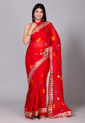 VL SAREES Striped, Embroidered, Woven Bollywood Chiffon Saree(Red)