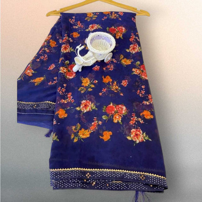 AGV Printed Bandhani Chiffon Saree(Dark Blue)