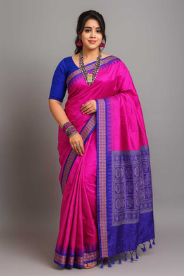 Sijileen Solid/Plain, Temple Border Sambalpuri Silk Blend Saree(Pink)