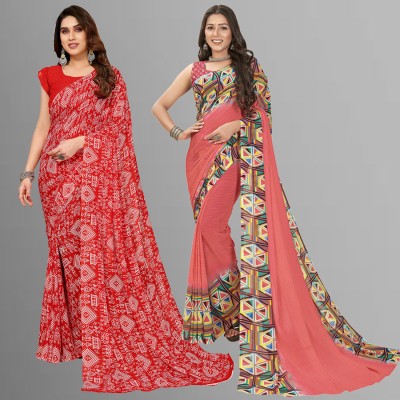 Anand Sarees Floral Print, Polka Print, Ombre, Printed Bollywood Georgette Saree(Pack of 2, Pink, Red)