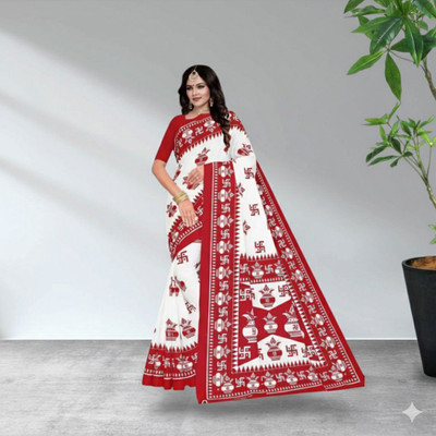 kewra Printed Daily Wear Cotton Blend Saree(Maroon, White)