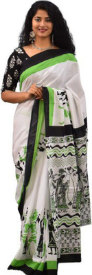 Kiaaron Printed Kalamkari Pure Cotton Saree(White)