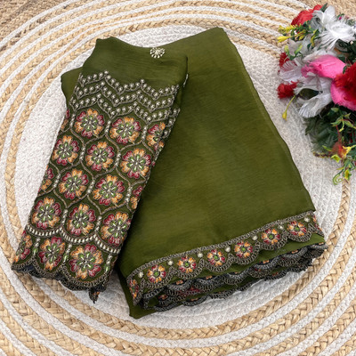 V AMAN FASHION Solid/Plain, Self Design Bollywood Chiffon Saree(Dark Green)
