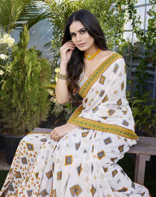 YASHIKA Printed Bollywood Georgette, Lace Saree(Yellow)