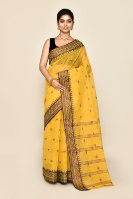 maa textile Self Design Tant Pure Cotton Saree(Mustard)
