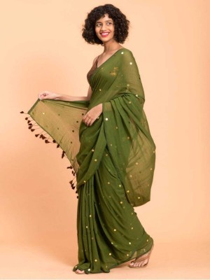 Sandhyatara Woven Handloom Cotton Blend Saree(Dark Green)