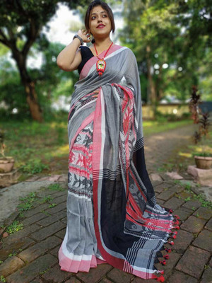 BiswasTextiles Self Design Handloom Cotton Blend Saree(Orange)