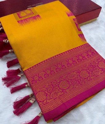 fospy Woven, Paisley Banarasi Pure Silk Saree(Yellow, Magenta)