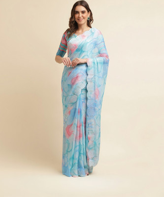 Divastri Printed Bollywood Chiffon Saree(Light Blue)