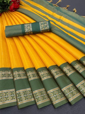 Wamsi Woven Dharmavaram Cotton Blend, Cotton Silk Saree(Green, Yellow)