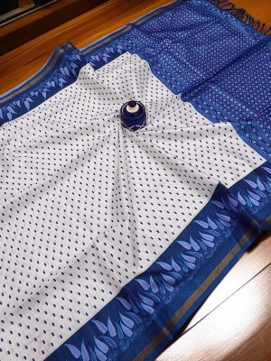 WILLMAKE Printed, Applique, Embellished, Floral Print, Woven Bollywood Cotton Linen Saree(White)