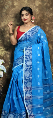 CommonHouseee Applique Tant Pure Cotton Saree(Blue)