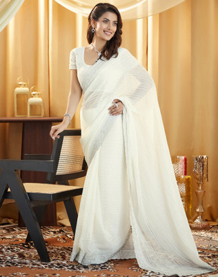 SIRIL Embroidered Bollywood Chiffon Saree(White)