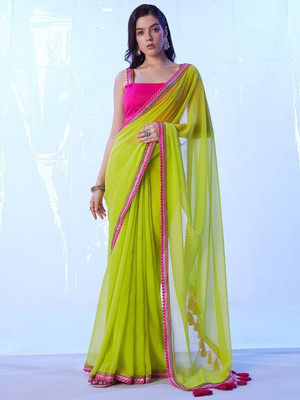 Online Bazaaar Embroidered, Solid/Plain, Embellished Bollywood Georgette Saree(Green)