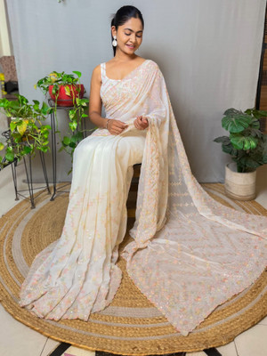 Sareemall Embellished Bollywood Georgette Saree(Cream)