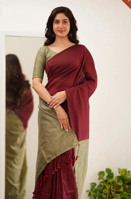 SARKARETHNIC Solid/Plain Handloom Handloom Pure Cotton Saree(Maroon, Cream)