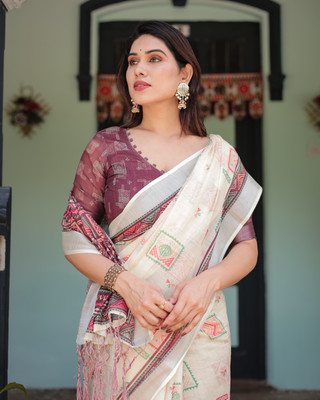 ALMAARI FASHION Digital Print Kanjivaram Cotton Linen Saree(Multicolor)