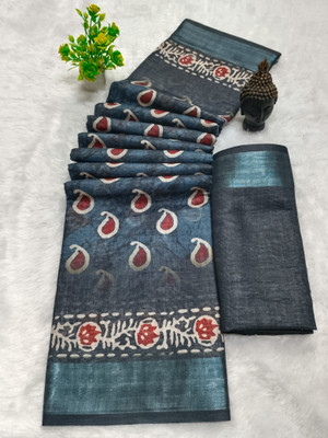HouseOfCommon Printed Bollywood Linen, Cotton Linen Saree(Dark Blue)