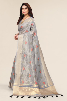ALAGINI Embroidered, Woven Banarasi Cotton Silk Saree(Grey)