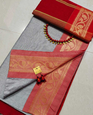 sdn Self Design Tant Pure Cotton Saree(Grey, Red)