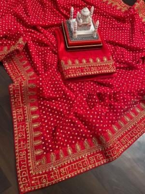 Gokru Polka Print, Self Design, Embroidered Bandhani Georgette Saree(Red)