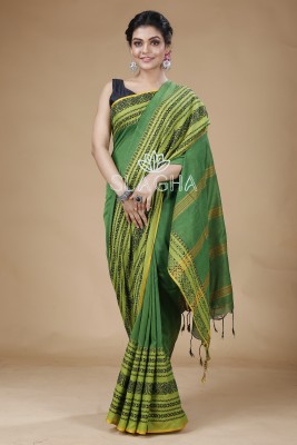 SLAGHA Woven Handloom Cotton Blend Saree(Light Green, Yellow)