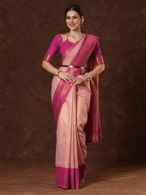 Tasrika Woven Kanjivaram Silk Blend Saree(Orange, Pink)