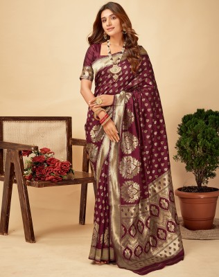 SIRIL Dyed, Self Design, Woven Banarasi Silk Blend, Jacquard Saree(Maroon, Gold)