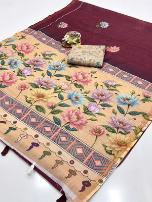 SDGRATITUDE Printed, Woven Daily Wear Cotton Linen, Linen Saree(Maroon)