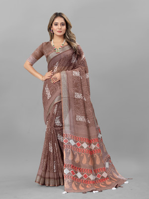 VERCO Printed Bollywood Cotton Linen Saree(Brown)