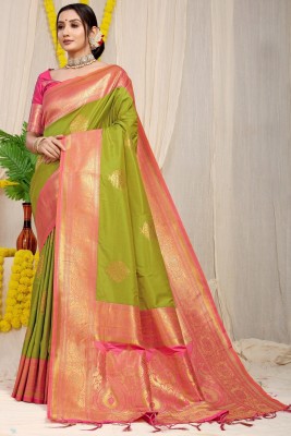 sarjan creation Paisley, Woven, Floral Print Banarasi Jacquard, Pure Silk Saree(Green, Pink)