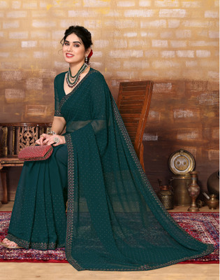 Satrani Dyed, Self Design Bollywood Georgette Saree(Dark Green)