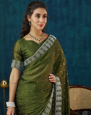 SIRIL Embellished, Self Design Bollywood Georgette, Lace Saree(Green)