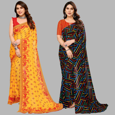 kashvi sarees Self Design, Printed Daily Wear Georgette Saree(Pack of 2, Yellow, Red, Multicolor)