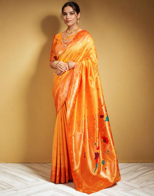 Mahastree Printed Paithani Silk Blend Saree(Orange)