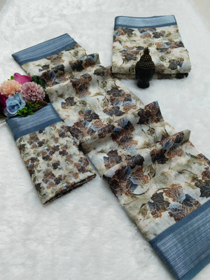 HangerStories Self Design Kanjivaram Pure Cotton, Cotton Linen Saree(White, Blue)