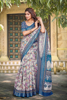 PHEASANT Digital Print Bollywood Cotton Linen Saree(Blue)
