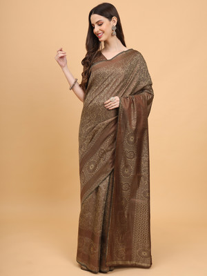 mishihouse Woven Kanjivaram Jacquard, Pure Silk Saree(Beige, Brown)
