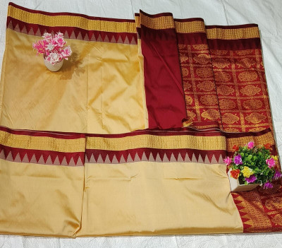 Cirkirow Solid/Plain, Temple Border Sambalpuri Handloom Art Silk Saree(Cream)