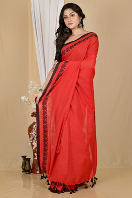 eC ESHA'S COLLECTION Solid/Plain Handloom Cotton Blend Saree(Red, Black)