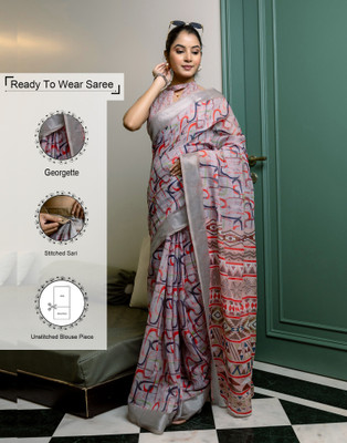 Samah Geometric Print, Woven, Embellished Bollywood Linen Saree(Grey)
