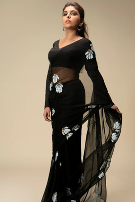 FEMORI Printed Bollywood Cotton Linen Saree(Black)