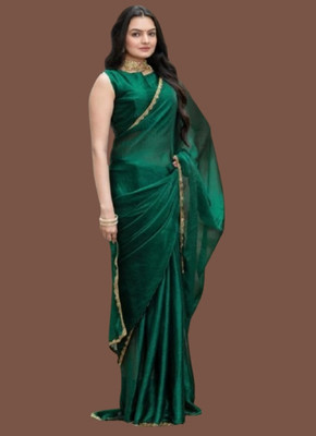 TAGALE Solid/Plain Bollywood Jimmy choo Saree(Green)