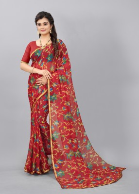 NIYAMI Floral Print Daily Wear Chiffon Saree(Red)